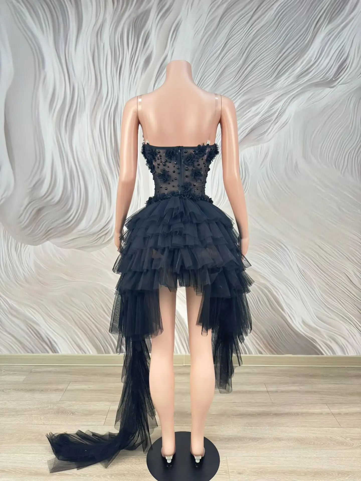 

Chunxiao Fashion women strapless puffy skirt sexy black mesh flower princess skirt Birthday Cocktail Wedding Prom Gowns