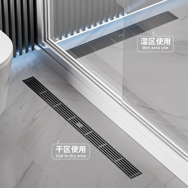 Wide and narrow strip 304 stainless steel gun ash linear long floor drain slope drainage with brass deodorant sewer