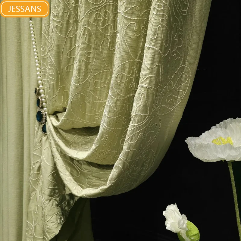New Customized Green Cotton Jacquard Woven Curtains for Living Room Bedroom French Window Balcony Partition Curtain Valance
