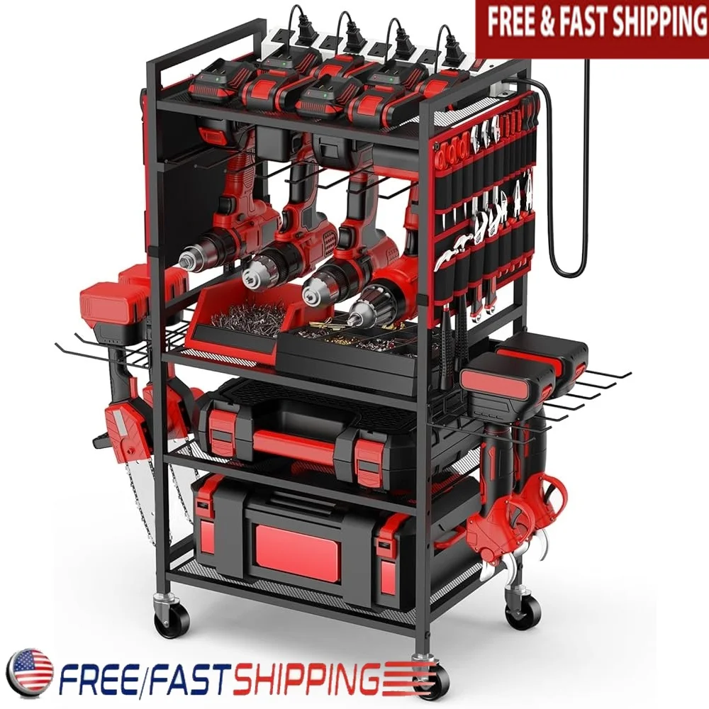 

Garage Power Tool Organizer Cart with 20A Charging Station Heavy Duty Tool Storage Rack with Lockable Wheels and Side Pockets