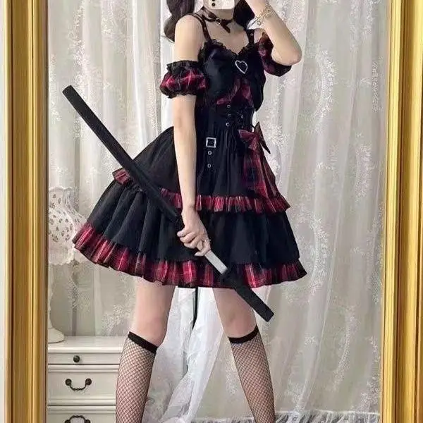 Vestido con tirantes de cintura a cuadros estilo Lolita Y2k Punk, novedad de verano 2021, vestidos Vintage elegantes y dulces a la moda para mujer