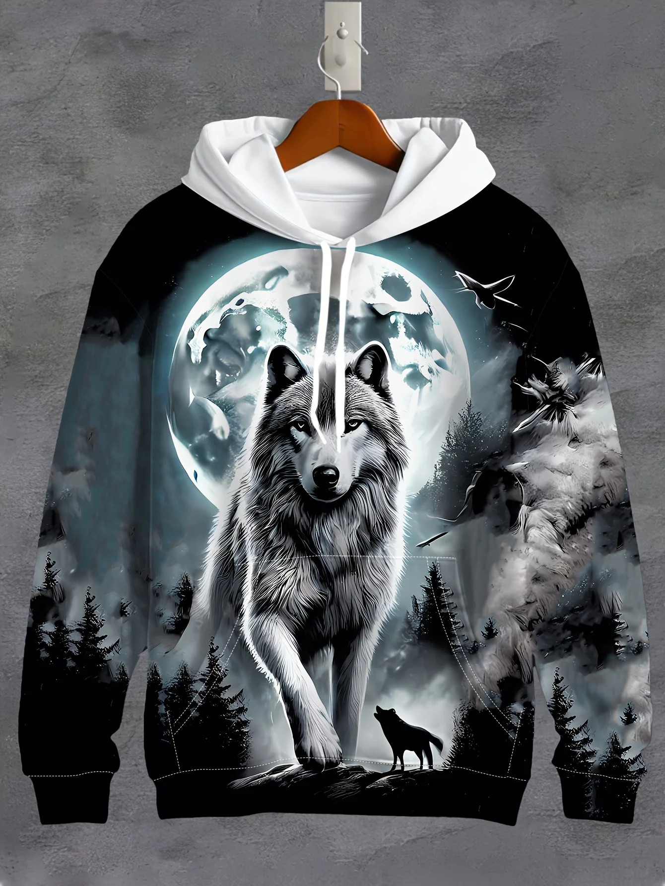 Men'S 3D White Wolf Print Hoodie, Casual Long Sleeve Pullover with Drawstring Pocket, 100% Polyester Slight Stretch Men Clothing