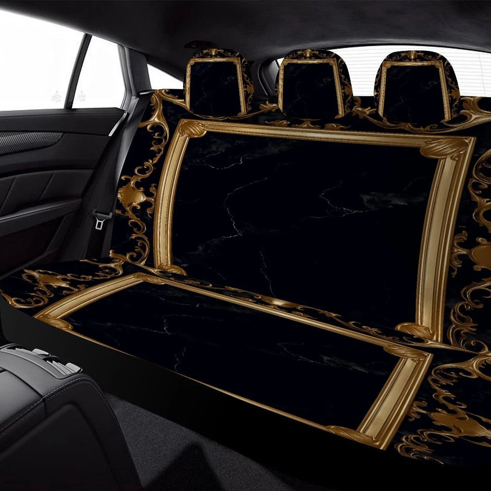 Set Of Car Seat Covers Featuring A Golden Ornate Border, Suitable For Various Vehicles. These Trendy And Decorative Covers Provi