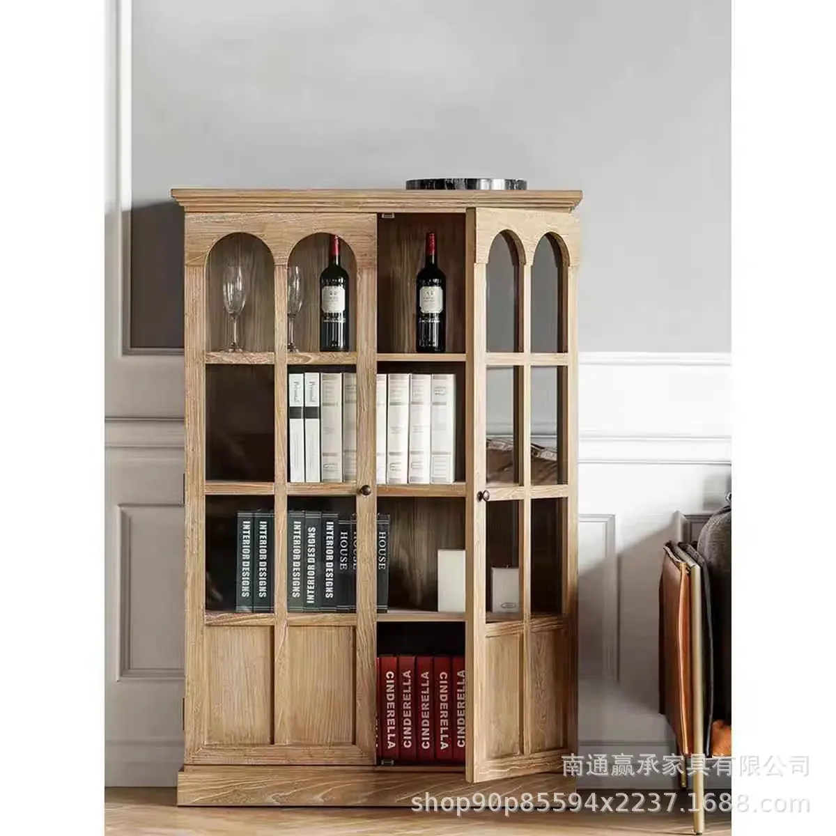 Double door side cabinet solid wood wine cabinet retro locker elegant floor study furniture cabinet