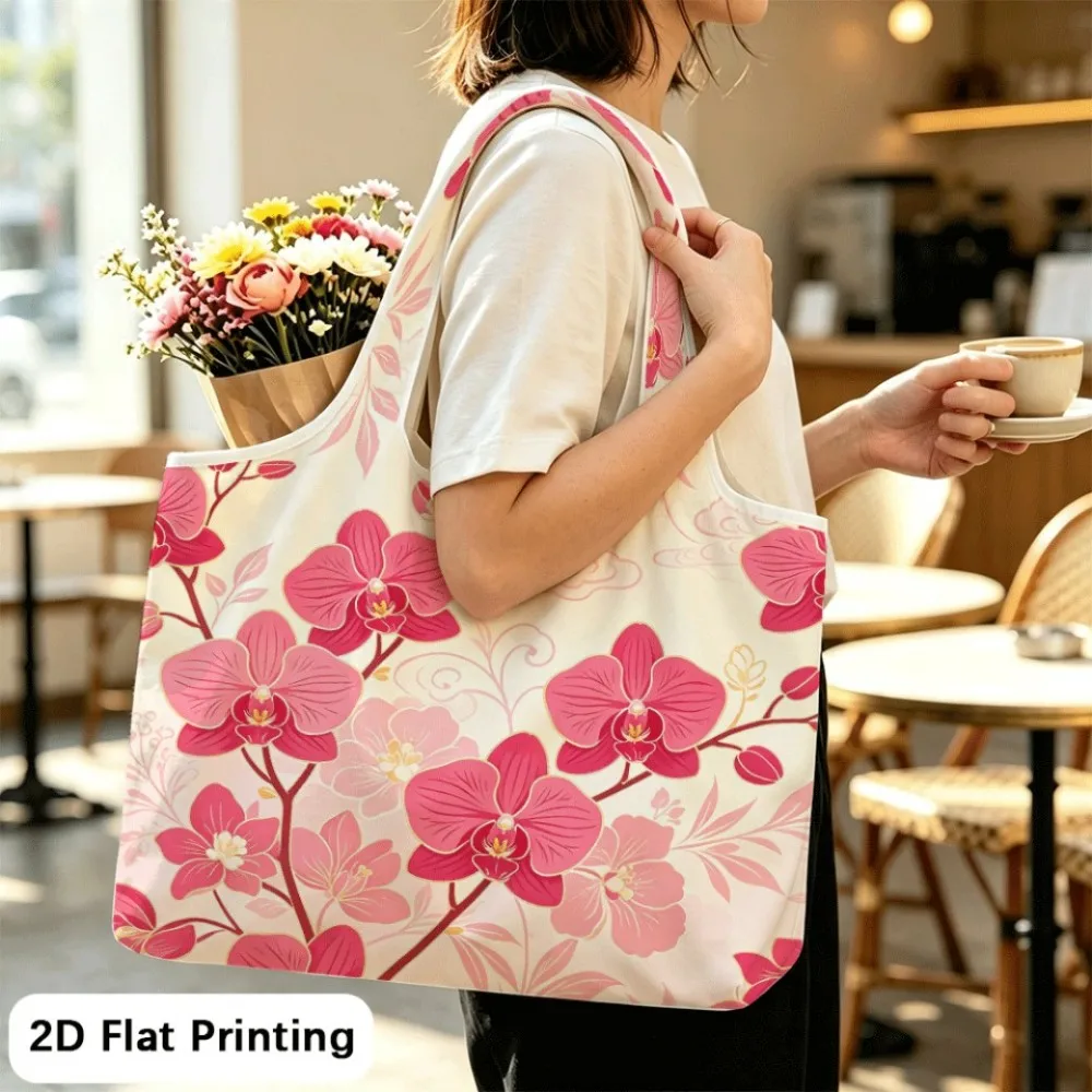 Pink orchid with golden lines Slim folded, spacious unfolded. Foldable shoulder tote for daily life.