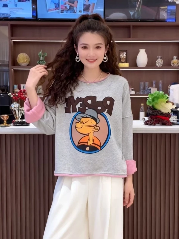 

Свободный свитшот с круглым вырезом для женщин больших размеров, весна 2026, американский дизайн с цветовыми блоками, рукава с манжетами, антивозрастной эффект