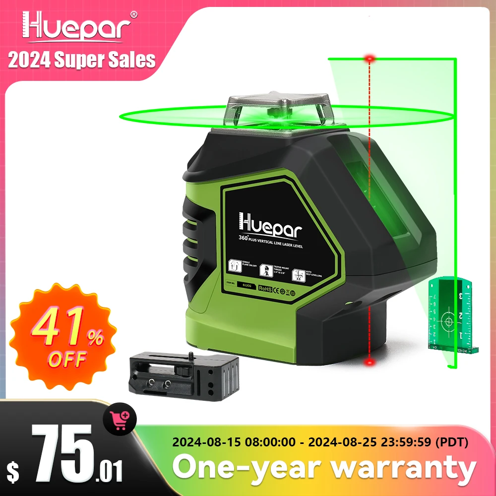 Huepar-green Beam Laser Level com Plumb Dots Auto-nivelamento 360 ° Rotary Cross Line Vertical e Horizontal Ferramenta de Medição Linhas