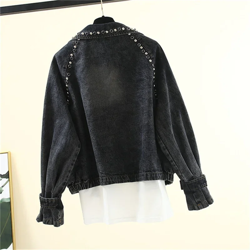 Black Denim Jacket Women Rivets Baggy Boyfriend Casual Outerwear Ladies Autumn Loose Short Jeans Jacket Coat Female Streetwear