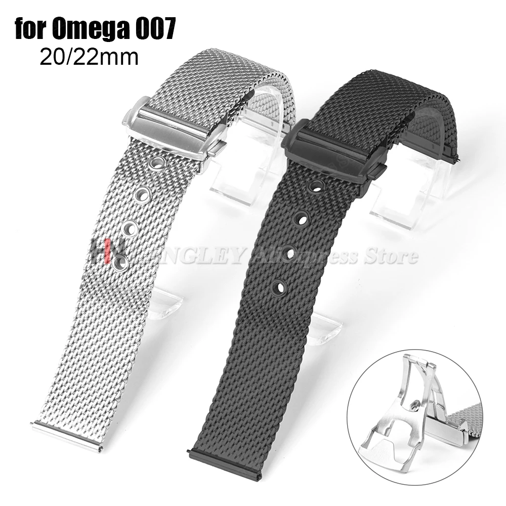 Сетчатый миланский браслет для часов Omega 007 для часов Seamaster 300, нержавеющая сталь со складной застежкой 20 мм 22 мм для мужского ремня IWC