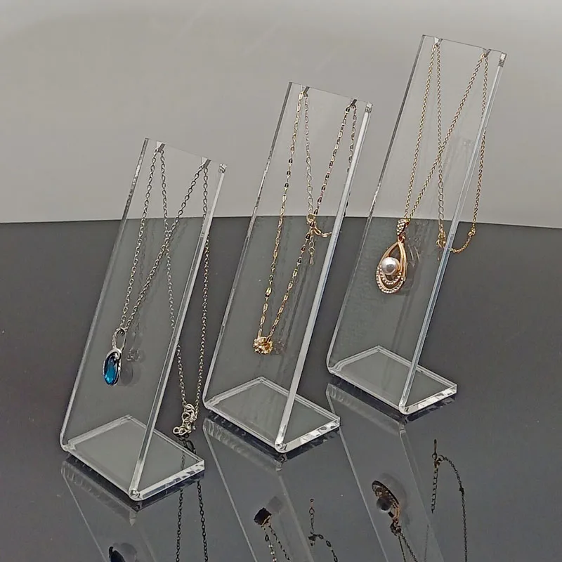 

Modern Elegant Clear Acrylic Necklace Display Stands Jewelry Trade Show Store Exhibit Gallery Photo Taking Props Presentation