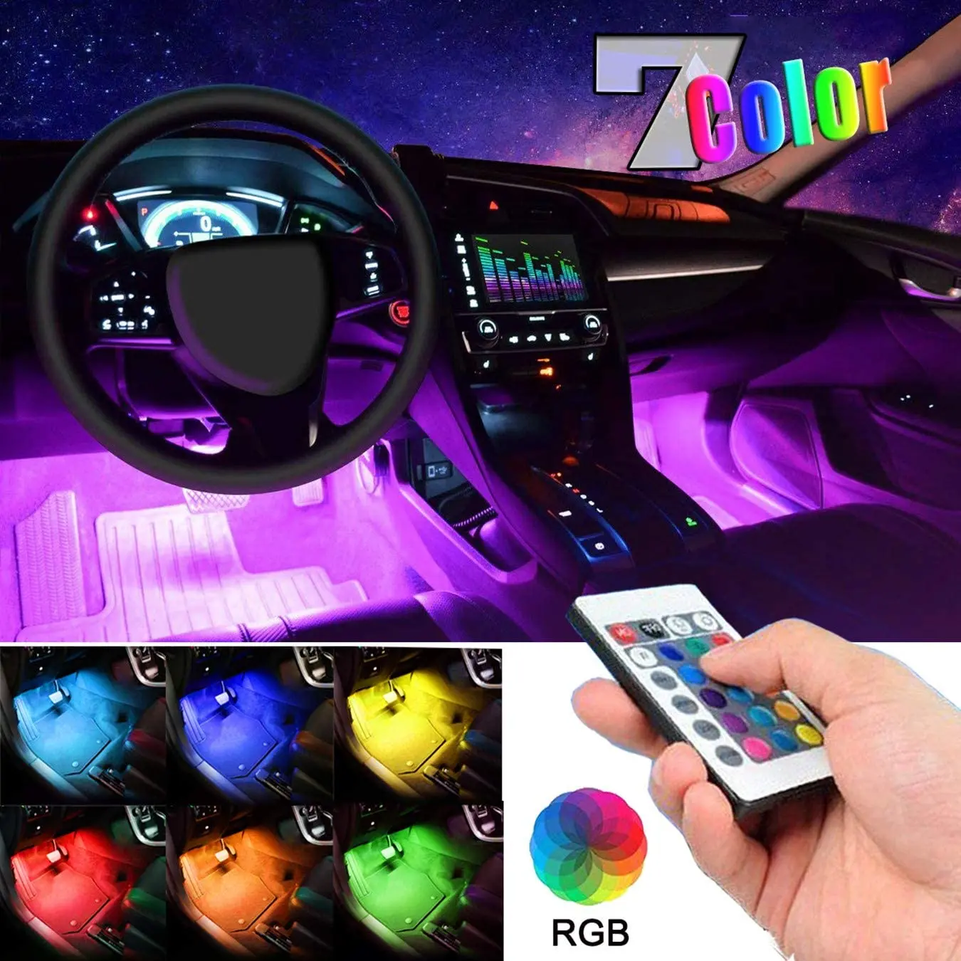 DC 12V Car Auto LED RGB Interior Floor Decorative Atmosphere Lamp Strip Lights Kit Ambient 5050 with Remote for Car SUVs Styling