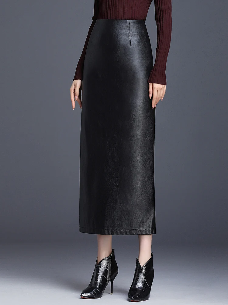 Fall Winter Women Black High Waist Occupation Work PU Leather Skirts S-3XL Female Ankle-Length OL Office Casual Pencil Skirt