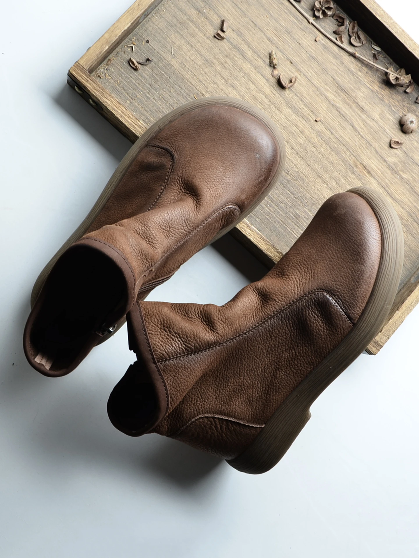 

Retro Washed Color Cotton Linen Boots Women's New 2025 Autumn Genuine Leather round Toe Side Zipper Flat Low Heel Artistic ...