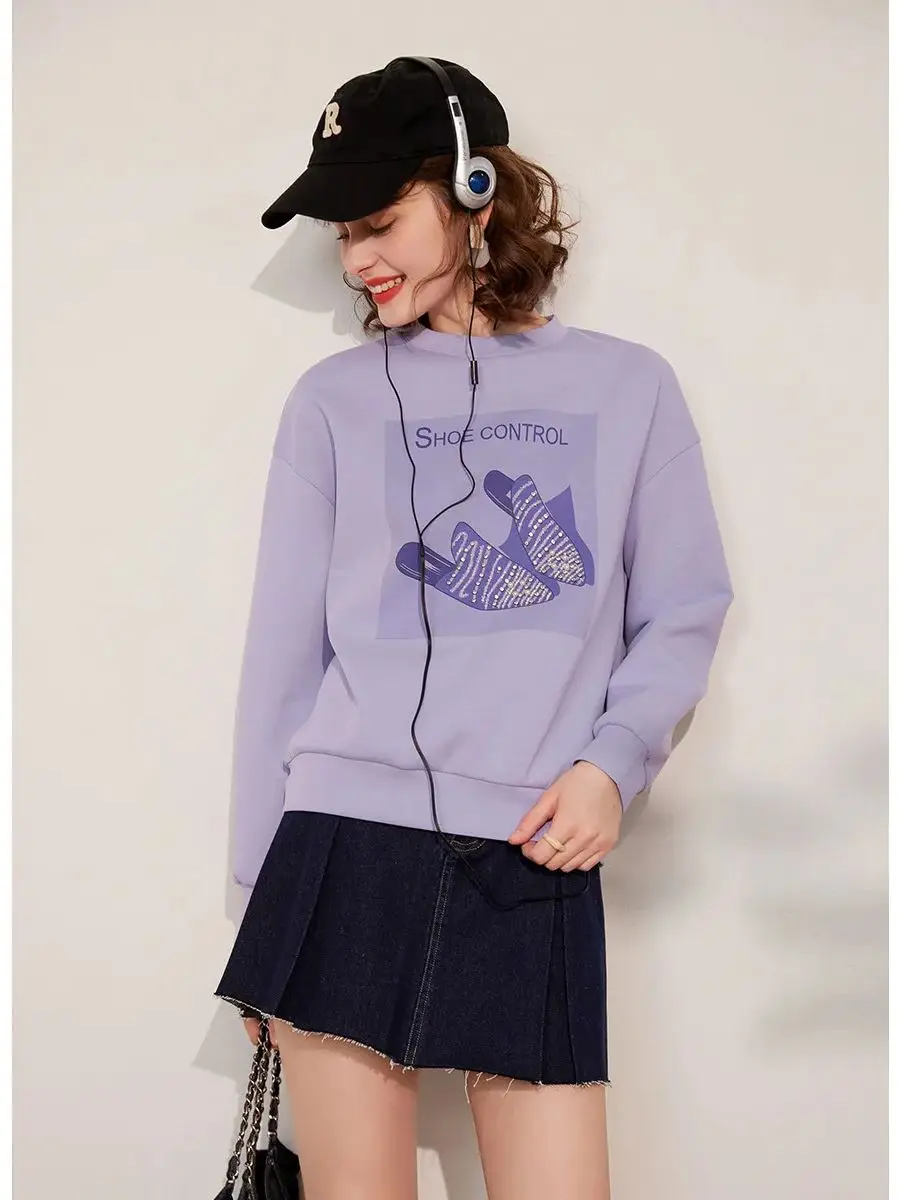 LOUIS YAO Women Sweatshirt 2024 Spring Print Beading Fashion Round Neck Long Sleeve Loose Fit Casual Purple White Pullover Top