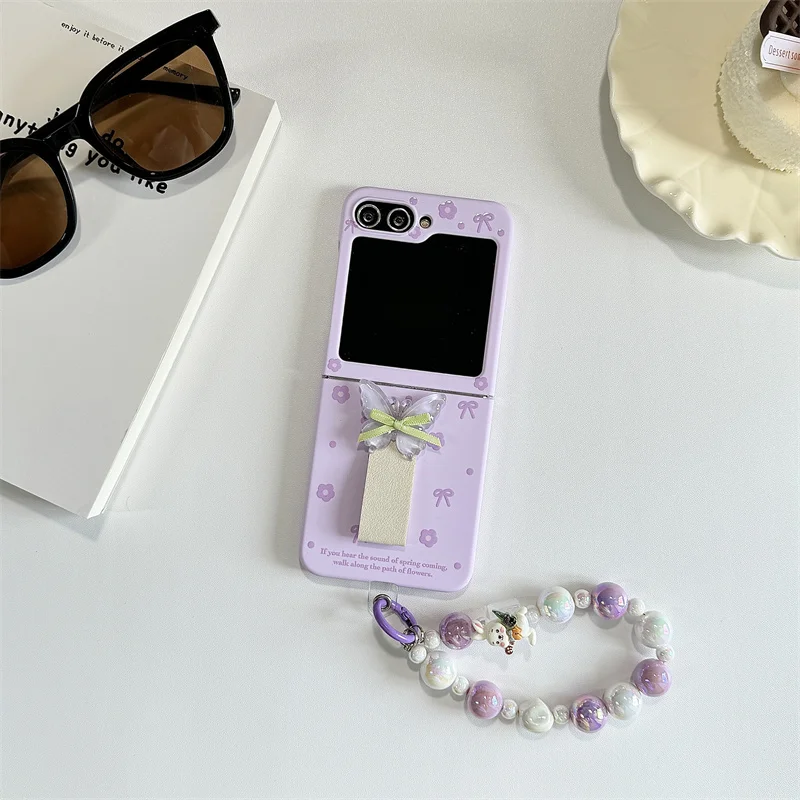 For Samsung Galaxy Z Flip 6 3 4 5 Case Z Flip6 ZFlip 6 ZFlip6 Ins Bow Flower Ring Bracelet Shockproof Back Cover
