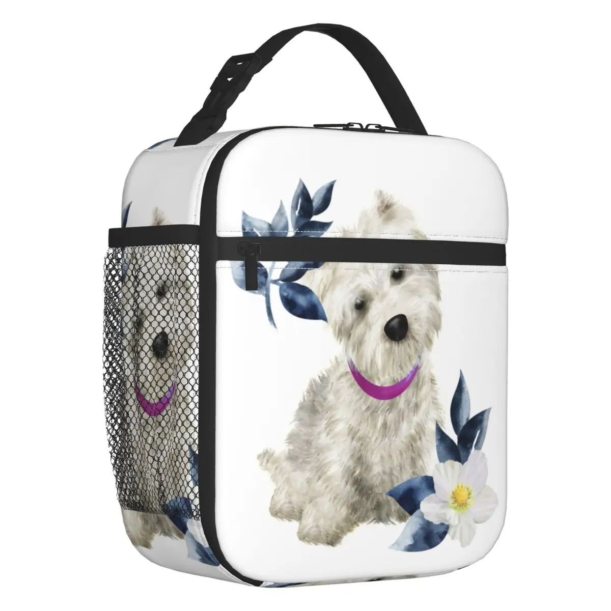 Westie And Flowers Insulated Lunch Bag for Women Portable West Highland White Terrier Dog Thermal Cooler Bento Box Work School