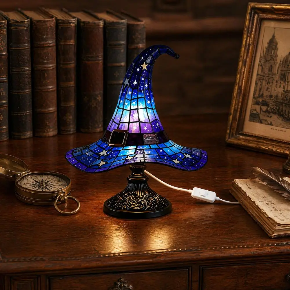 Amber Witch Hat Table Lamp Usb Powered Led Bedside Light Resin Night Light Halloween Bedroom Decor Decorative Shelf Lamp Colored