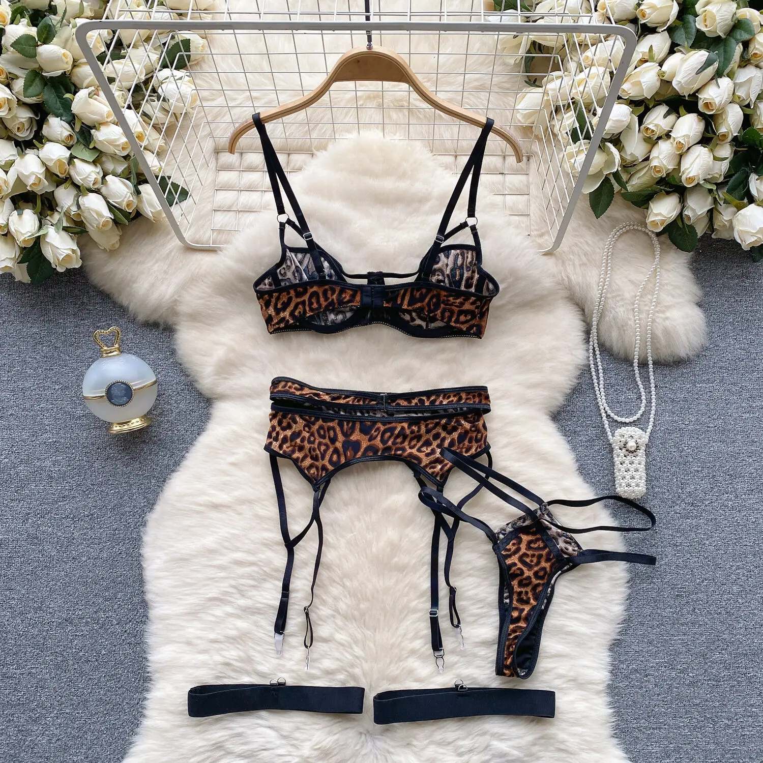 Foamlina Sexy Leopard Print Lingerie Sets for Women Fashion Strappy Bra Panty Garter 3 Pieces Suits Sensual Erotic Sets