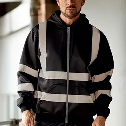 Men Reflective Stripe Hoodie Sweatshirt Long Sleeve Fitting Zipper Hooded Pullover Sanitation Workers Work Clothes Sweatshirt