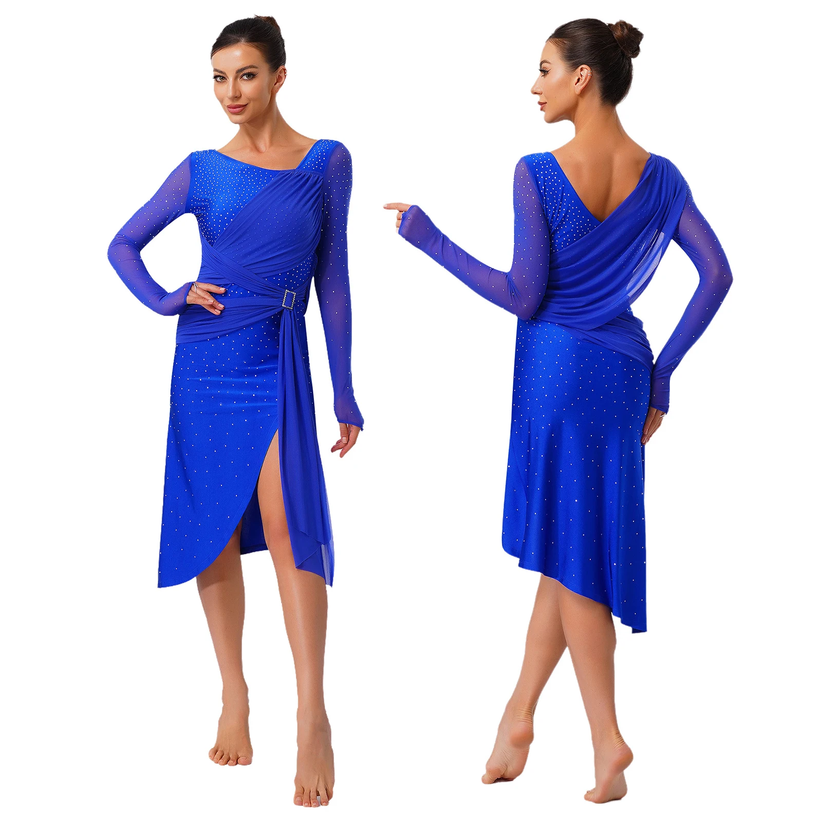 

Women Lyrical Dance Dress V-neck Long Sleeves Rhinestones Ruched Belt Split Design Rhythm Dress Ballroom Latin Tango Costume