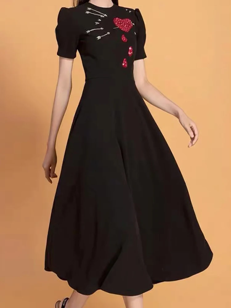 

Delocah High Quality Summer Women Fashion Designer Party Midi Dress Lantern Sleeve Embroidery Elegant Black Big Swing Dresses