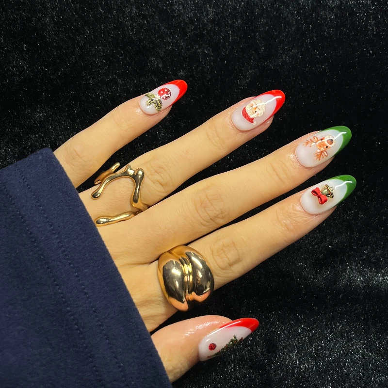 

10PCS Christmas Classic Press on Nails Square Santa Reindeer with 3D Bell Details Handmade Nails Festive Fairytale False Nails