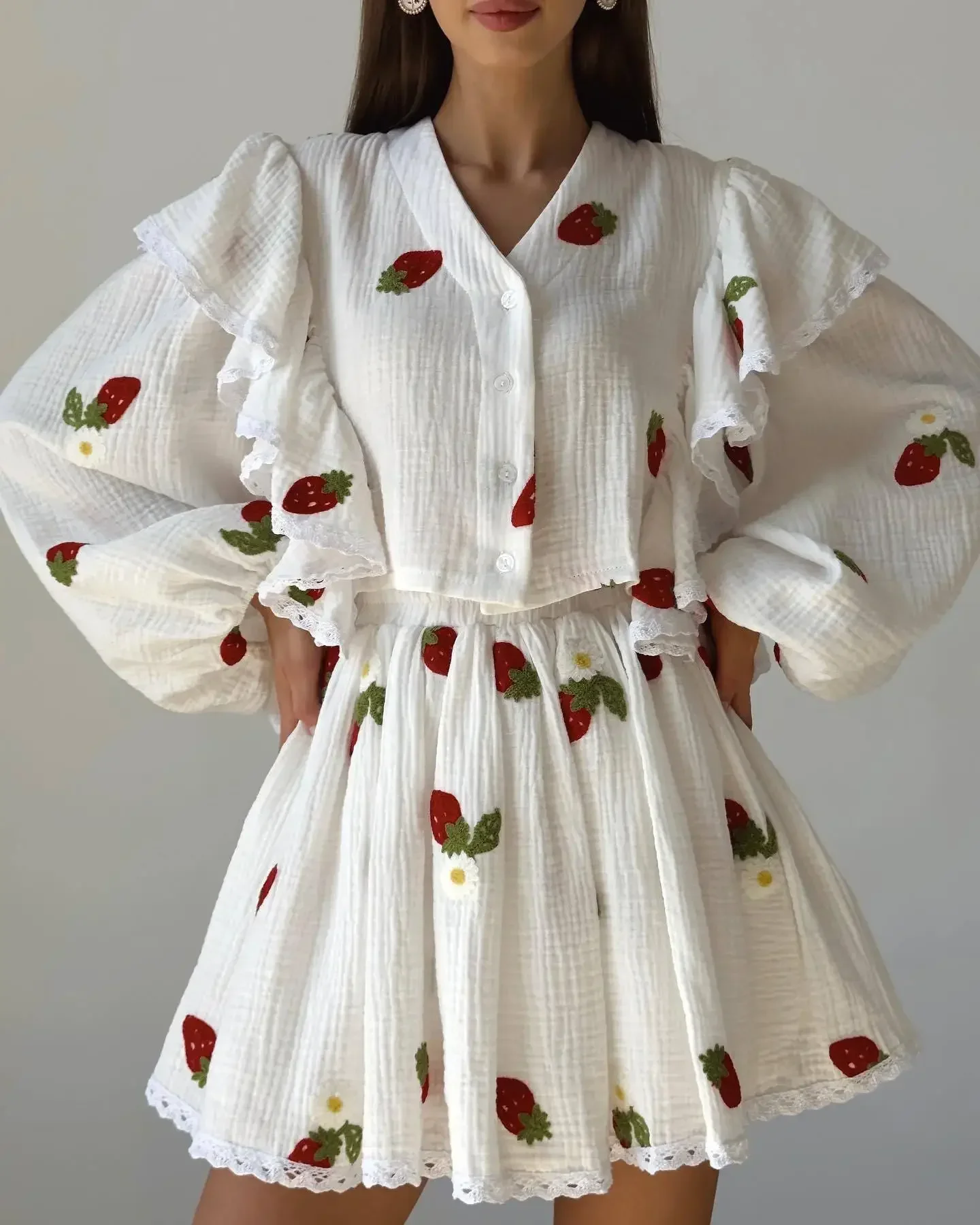 

Night Wears for Women Cotton Linen Top Skirt Set Home Strawberry Pattern V-Neck Ruffle Long Sleeve Button Blouse Skirt Outfit