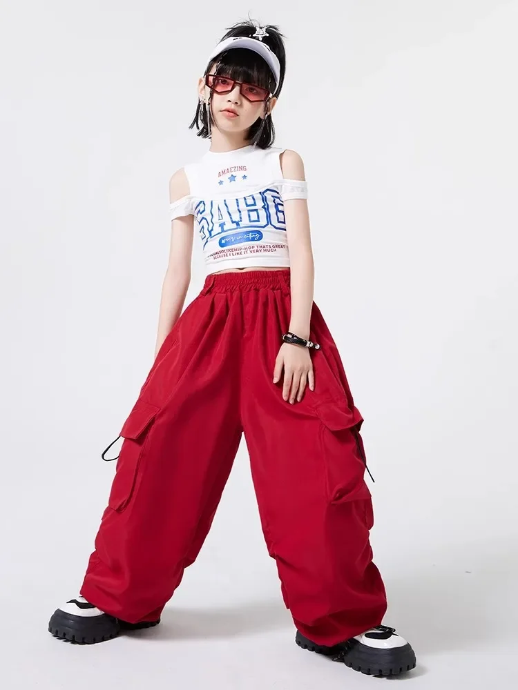 Kid Hip Hop Clothing White Double Shoulder Crop Tank Top Wine Red Casual Jogger Cargo Pants for Girl Jazz Dance Costumes Clothes