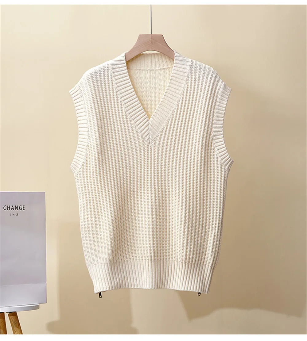 여성 가을, 겨울 새로운 V 넥 사이드 지퍼 울 니트 조끼 탑