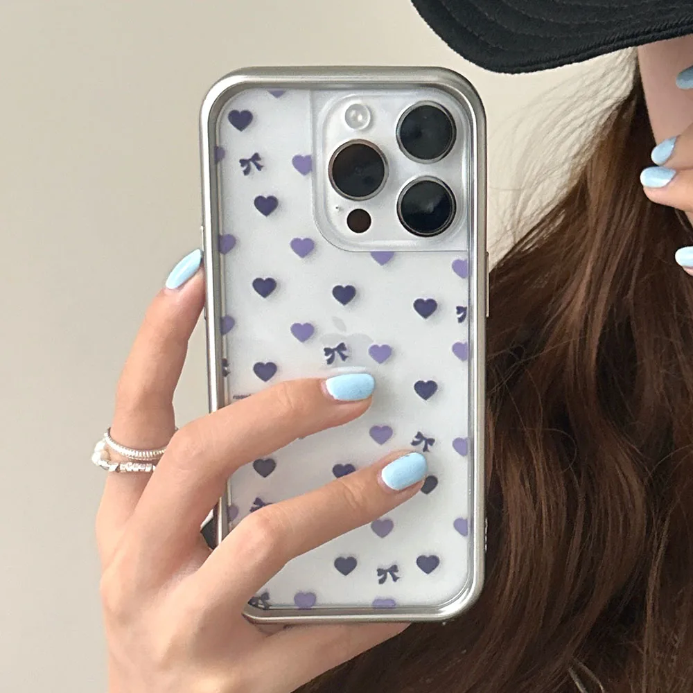 Чехол с бантом Love Heart для iPhone 15 Pro Max 14 13 12 Pro Max, гальваническая серебристая рамка, защитный чехол для телефона, мягкие прозрачные чехлы