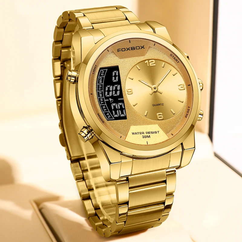 FOXBOX New Gold Quartz Wristwatch For Men Fashion Military Sport Waterproof Watch Men Top Brand Luxury Dual Display Watch Men