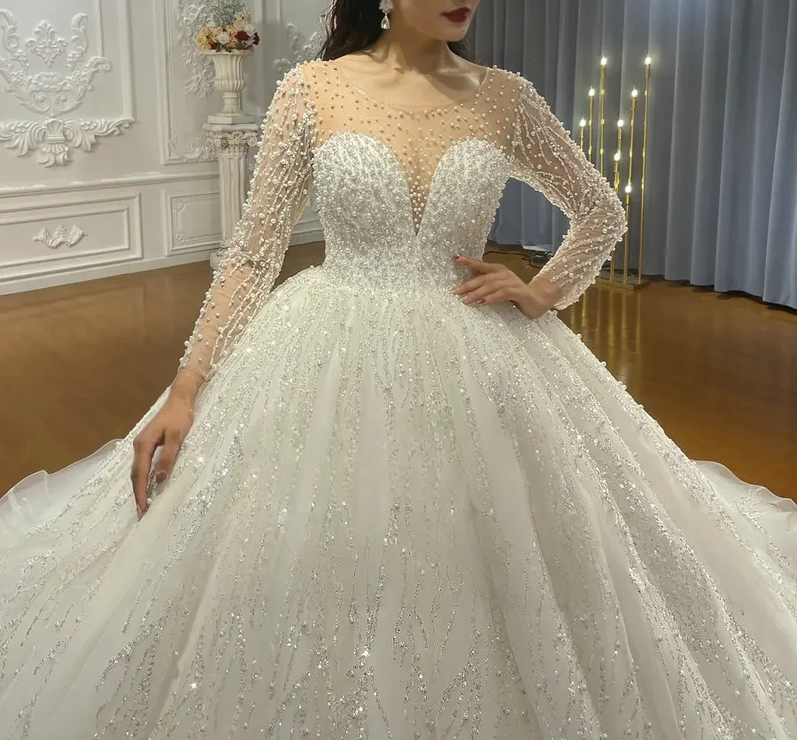 Customized Pearls Beaded Floral Lace Appliqués Long Sleeves Wedding Gown  Amanda Novias Official