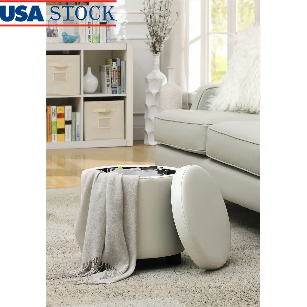 

Round Storage Ottoman with Reversible Tray Lid Faux Leather Indoor Use Multi-Functional Storage Easy Assembly Modern Design