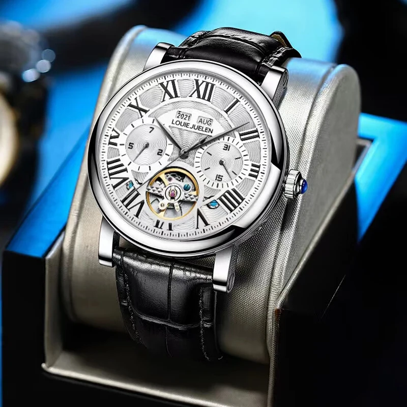 

Модные мужские автоматические механические часы для отдыха, многофункциональные водонепроницаемые часы с календарем недели и фазой Луны, мужские часы Reloj Hombre