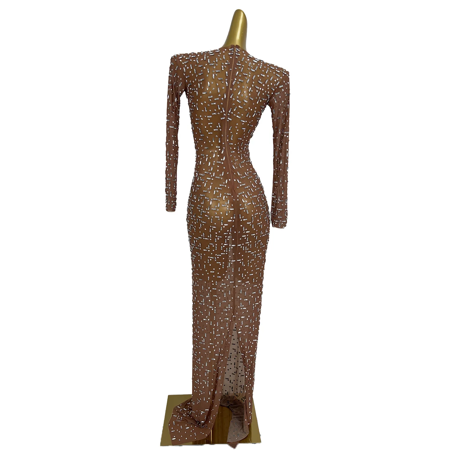 キラキララインストーンシースルーブラウンメッシュドレスセクシーな女性ナイトクラブイブニングドレスハイエンド誕生日パーティーウエディングドレスBailian