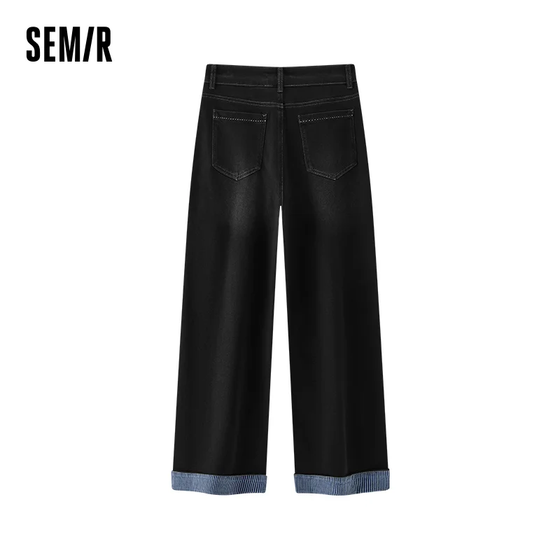 Semir Women Jeans Fleece Lined Panelled Design Stripe Pattern Loose Fit Wide Leg Cuffed Hem Full Length Solid Color 2026 Winter