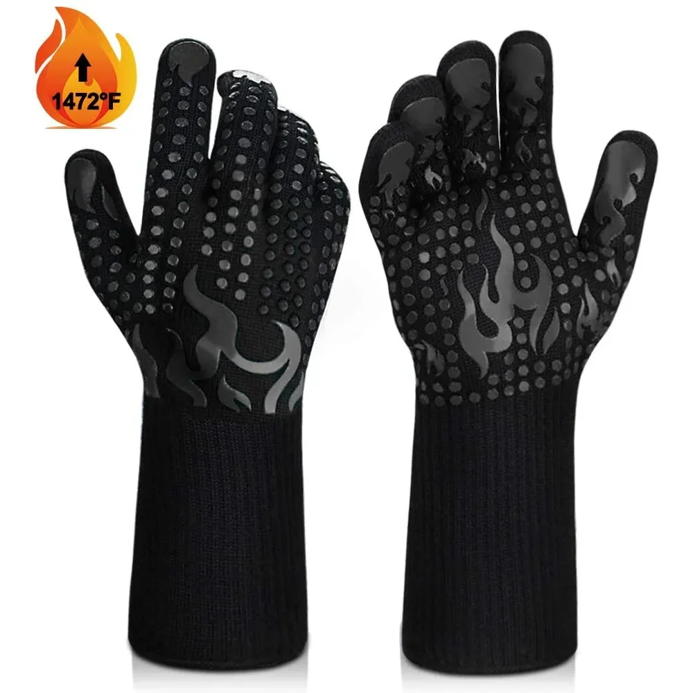 2PC Non-slip Fireproof Microwave Oven Gloves Extreme Heat Resistant Oven Mitts 300-500 Centigrade Flame Retardant BBQ Gloves