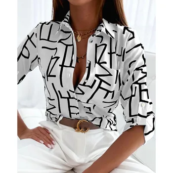 Herfst Mode Lange Mouw Blouse Vrouwen Kantoor Elegante Knop Pocket Top Casual Losse Sprited Print Shirts Voor Vrouwen 2024