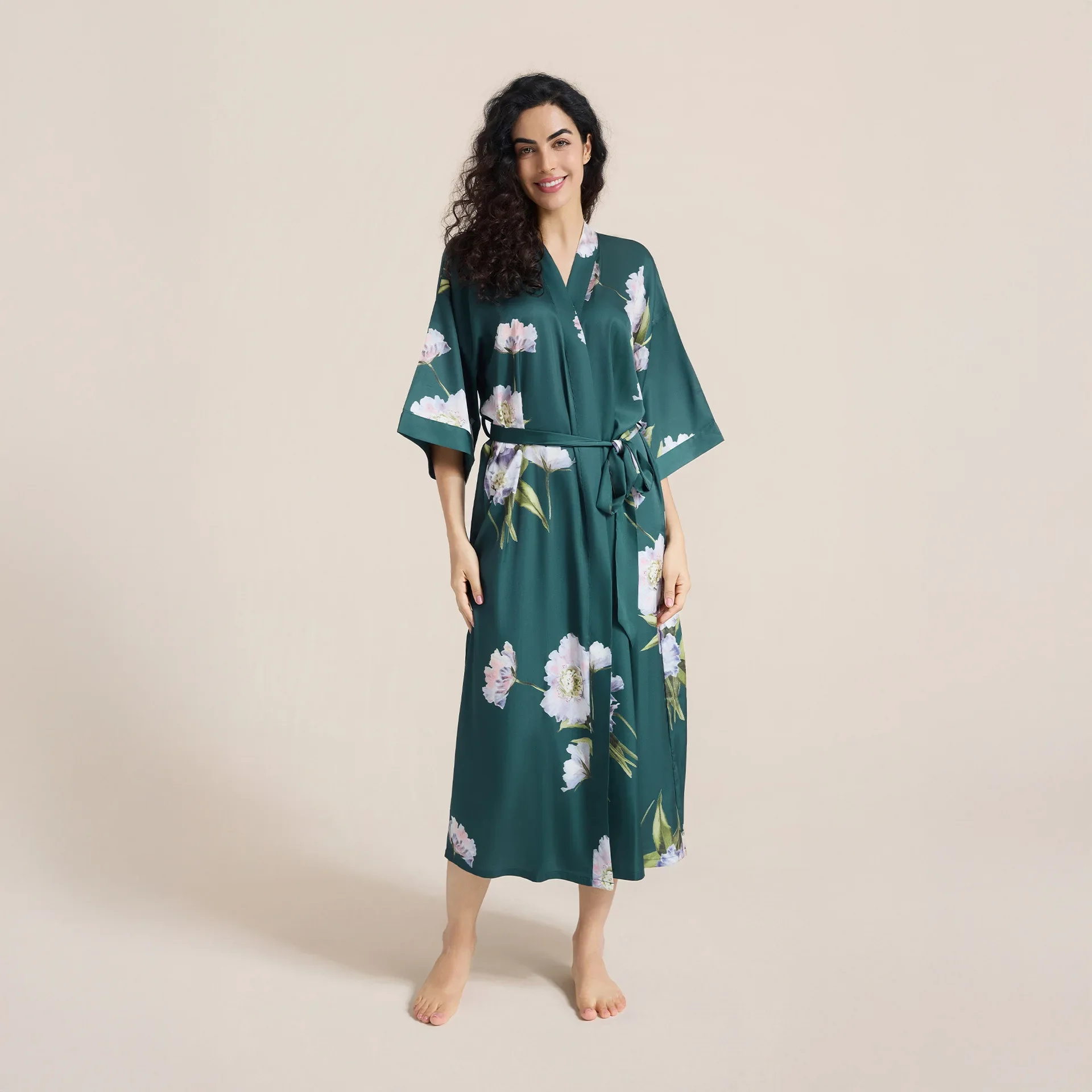 High Quality Satin Printed Pajamas Women's Summer Large Size Light Luxury Seven-quarter Sleeves Long Bathrobe Female Loungewear