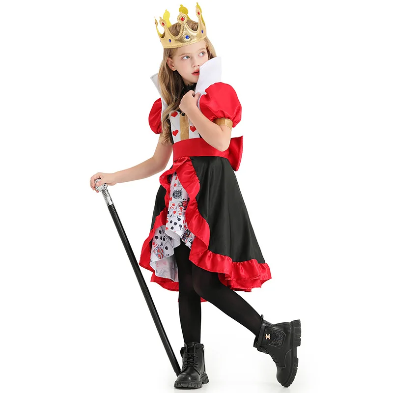 Full Set Queen of Hearts Costume Girls Poker Queen Cosplay Halloween Carnival Party Fancy Dress Up for Kids Children