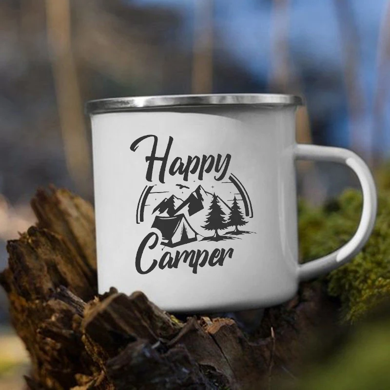 Enamel Camping Cups Adventure Awaits Camping Mugs Happy Campers Campfire Cup Outdoor Campervan Coffee Handle Mug Camper Van Gift