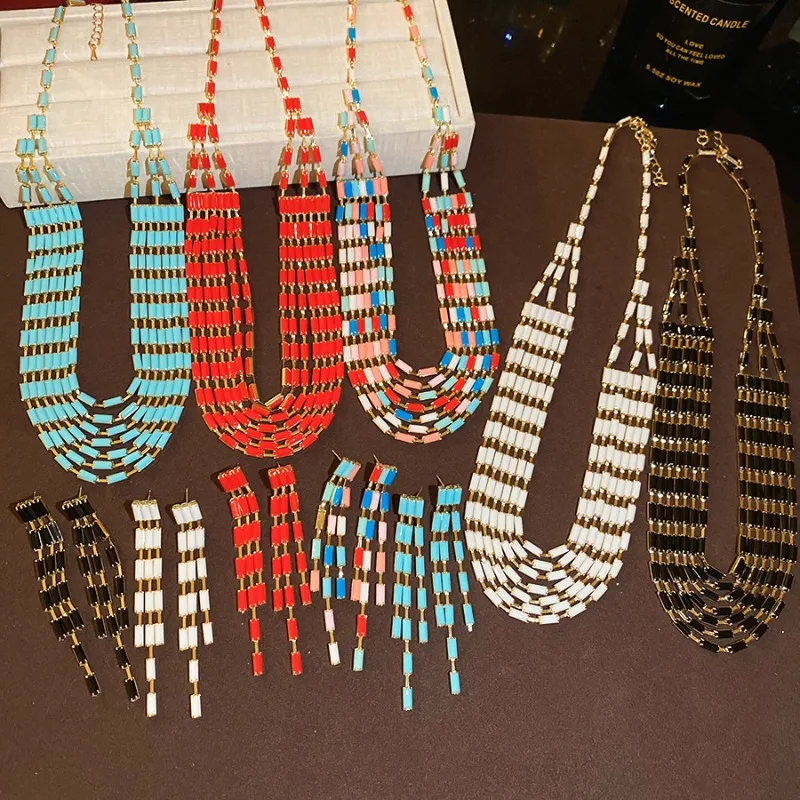 

Minar Bohemia Rainbow Rectangle Resin Beads Jewelry Sets for Women 14K Real Gold Plated Copper Strand Chokers Necklace Earrings