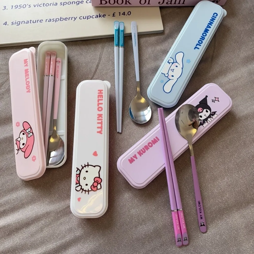 

Children Cinnamoroll My Melody Anime Kawaii MINISO Portable Tableware Cute Cartoon Student Fork Spoon Three-piece Set Chopsticks