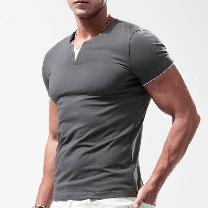 New Mens Short Sleeve Color Match Shirts Cotton Slim Fit Large V Neck TShirt Fitness Jogging Basic Crew Neck Tops