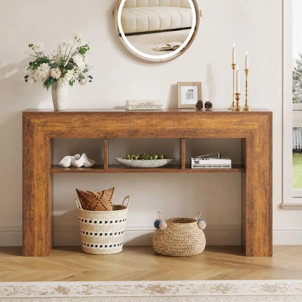 Narrow Console Table 3-Tier Open Shelves Farmhouse Wood 63-Inch Entryway Hallway Sofa Side, Customized