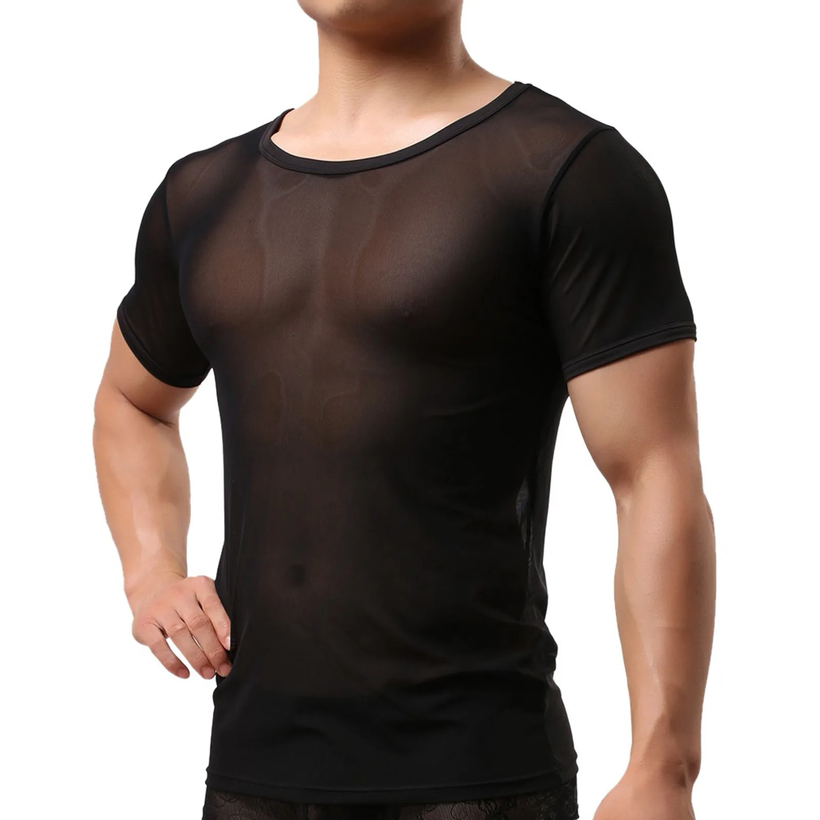 Men\'s Mesh See-through Fishnet T Shirt Sexy Short Sleeve Nightclub Wear T-shirt Men Party Perform Streetwear Tops Undershirt