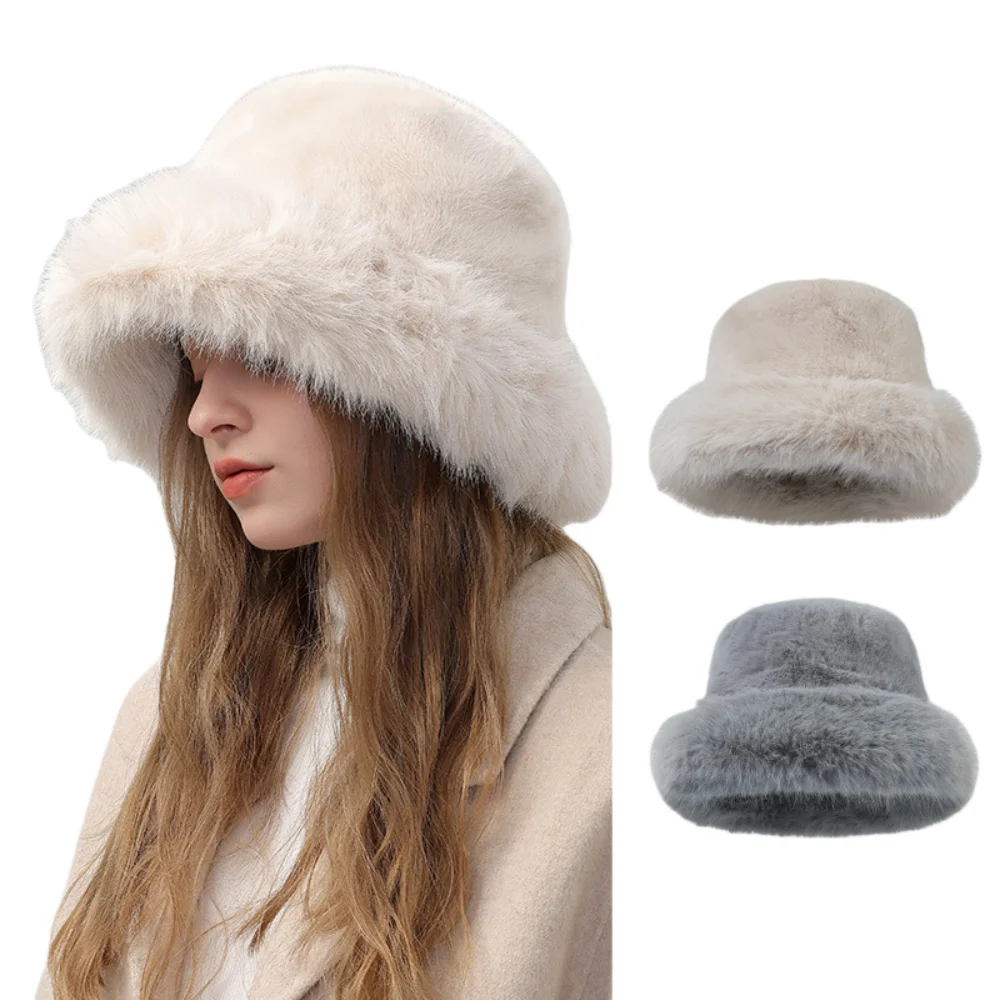 Winter Solid Faux Rabbit Fur Caps Hat Beanie Warm Thicken Cold Proof Women's Head Hood Adjustable Shed-free Bucket Hat Gorros