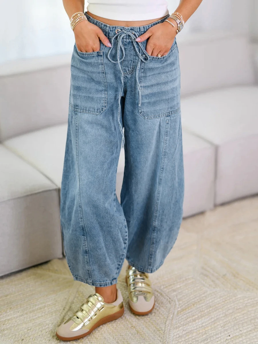 Jeans da donna Pantaloni larghi solidi allacciati in vita elastica Streetwear con tasche per tutti i giorni