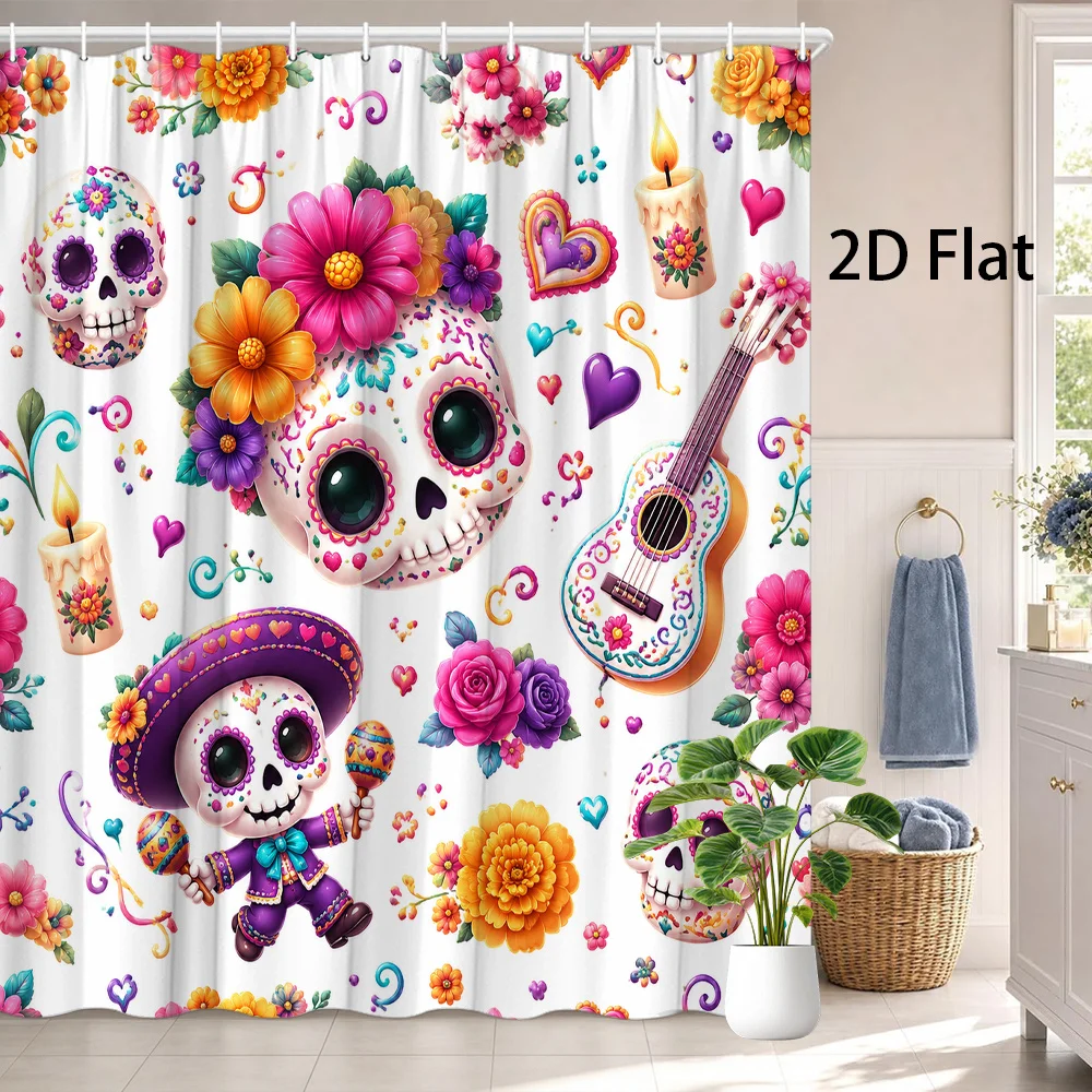 Colorful Sugar Skull Shower Curtain, Day of the Dead Decor, Mexican Guitar Flower Waterproof Polyester Bath Screen Festival Home