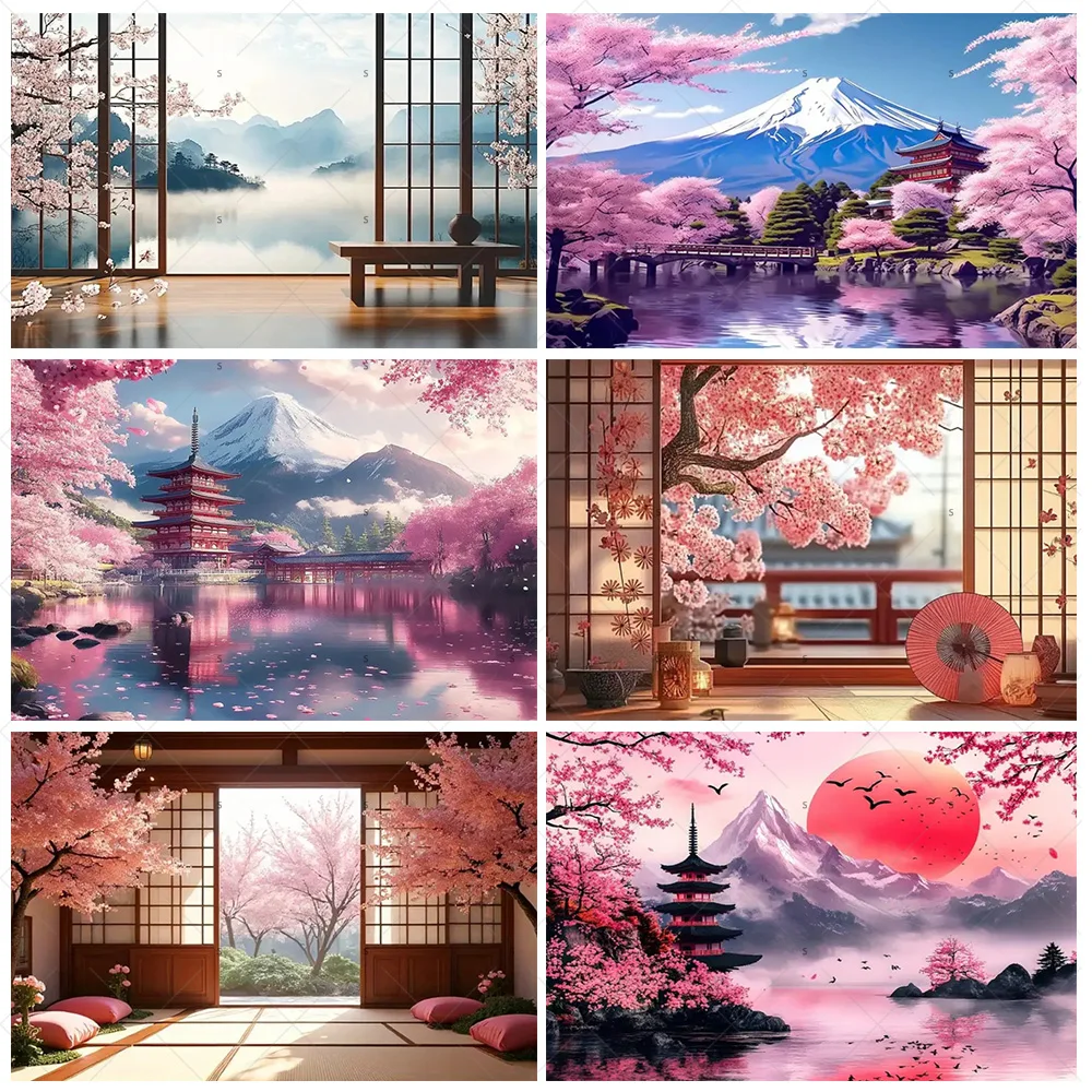 

Mount Fuji Temple Window Cherry Blossom Photography Backdrop Pink Peach Blossom Sakura Background Party Decoration Photo Studio